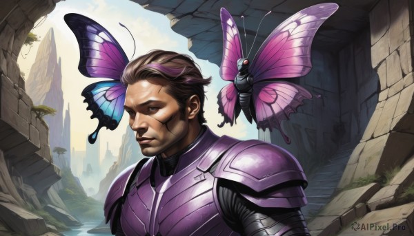 solo,short hair,brown hair,1boy,closed eyes,upper body,male focus,multicolored hair,outdoors,wings,sky,day,armor,tree,animal,bug,shoulder armor,butterfly,pauldrons,realistic,butterfly wings,hair ornament,brown eyes,water,scar,rock,butterfly hair ornament