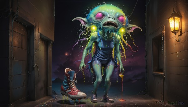 1girl,solo,open mouth,standing,outdoors,sky,shoes,shorts,teeth,pink eyes,blood,night,glowing,colored skin,sharp teeth,monster girl,sneakers,star (sky),night sky,tentacles,monster,lantern,overalls,green skin,dripping,lamppost,slime (substance),horror (theme),blue overalls,eldritch abomination,thighhighs,tongue,blue skin,alien