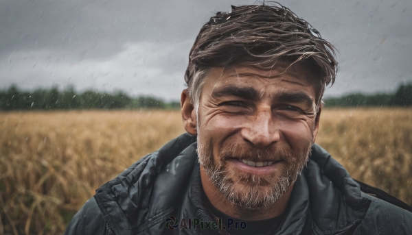 solo,looking at viewer,smile,short hair,brown hair,1boy,closed mouth,jacket,upper body,male focus,outdoors,one eye closed,sky,blurry,black jacket,wet,blurry background,facial hair,scar,thick eyebrows,portrait,beard,rain,mature male,realistic,mustache,field,grey sky,shirt,teeth,day,cloud,open jacket,cloudy sky,blue jacket,scar on face,wet hair,manly