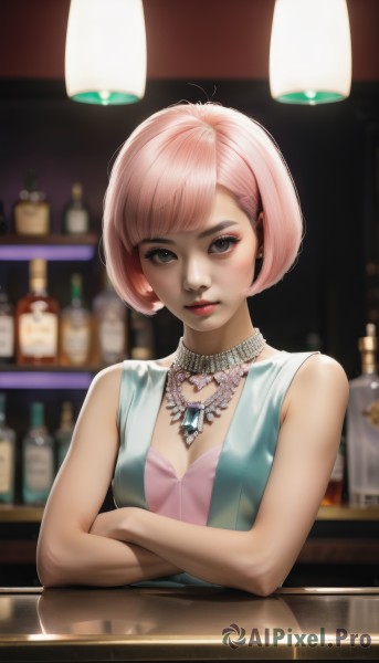 1girl,solo,breasts,looking at viewer,short hair,bangs,hair ornament,dress,cleavage,bare shoulders,jewelry,closed mouth,upper body,pink hair,small breasts,sleeveless,hairclip,indoors,necklace,blurry,black eyes,lips,grey eyes,eyelashes,makeup,blurry background,crossed arms,bob cut,bottle,alcohol,eyeshadow,nose,eyeliner,mascara,bar (place),counter,blue eyes,earrings,swept bangs,pink dress,realistic