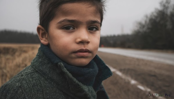 solo,looking at viewer,short hair,brown hair,black hair,1boy,brown eyes,closed mouth,jacket,upper body,male focus,outdoors,blurry,black eyes,tree,blurry background,portrait,realistic,photo background,day,scarf,coat,depth of field,winter clothes