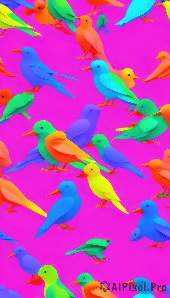 simple background,closed mouth,closed eyes,artist name,black eyes,from side,no humans,bird,animal,pink background,flying,purple background,animal focus,solid circle eyes,too many,beak,flock,pigeon,parrot,open mouth,lying,leaf,colorful,. .