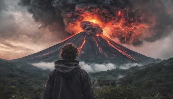 1girl, solo, brown hair, jacket, outdoors, sky, cloud, hood, from behind, cloudy sky, fire, nature, scenery, smoke, science fiction, mountain, lightning