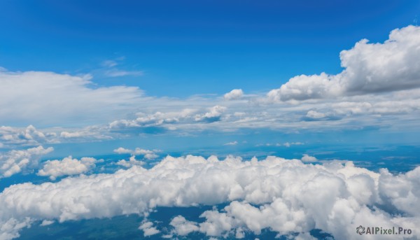 monochrome,outdoors,sky,day,cloud,blue sky,no humans,ocean,cloudy sky,scenery,blue theme,horizon,above clouds