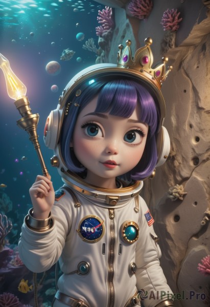 1girl,solo,looking at viewer,short hair,bangs,blue eyes,long sleeves,holding,blue hair,upper body,purple hair,parted lips,artist name,hand up,signature,blunt bangs,star (symbol),lips,eyelashes,makeup,watermark,bob cut,helmet,crown,child,web address,freckles,fish,bubble,underwater,realistic,red lips,air bubble,planet,shell,starfish,spacesuit,deviantart username,coral,space helmet,astronaut,blush,jewelry,bracelet,headphones,rock,wand,female child,flag,badge,american flag,scepter