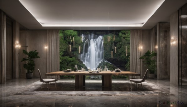 A tranquil view of a waterfall in rainy scenery