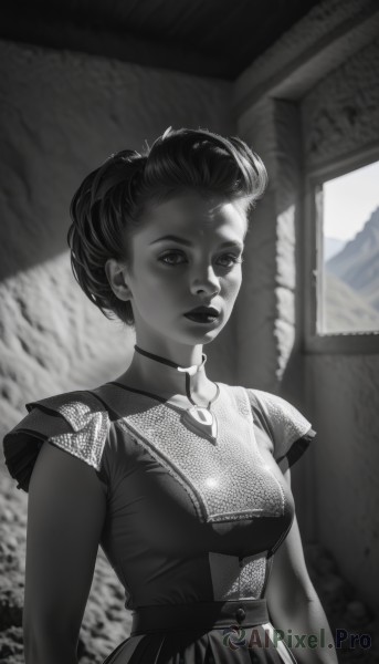 1girl,solo,breasts,looking at viewer,short hair,dress,jewelry,medium breasts,closed mouth,standing,monochrome,upper body,short sleeves,greyscale,parted lips,choker,artist name,indoors,necklace,blurry,lips,blurry background,spot color,realistic,nose,arms at sides,long sleeves,window,freckles