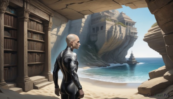 1girl,solo,1boy,ass,outdoors,day,water,from behind,book,bodysuit,ocean,beach,scenery,skin tight,science fiction,sand,black bodysuit,watercraft,bald,boat,standing,male focus,sky,armor,rock,ruins,superhero