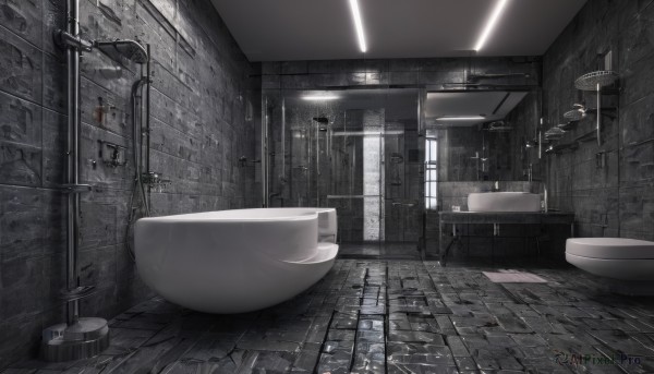 monochrome,greyscale,indoors,no humans,window,scenery,reflection,mirror,door,tiles,light,tile floor,bathroom,bathtub,tile wall,toilet,shower head,sink,ceiling light,faucet,lamp,ceiling,industrial pipe,chandelier