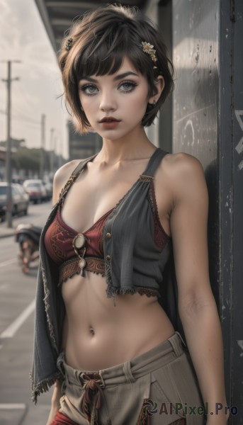 1girl,solo,breasts,looking at viewer,short hair,bangs,brown hair,black hair,hair ornament,navel,cleavage,bare shoulders,jewelry,medium breasts,underwear,standing,collarbone,flower,cowboy shot,earrings,small breasts,outdoors,parted lips,shorts,sleeveless,solo focus,day,midriff,pants,artist name,hair flower,stomach,nail polish,bra,mole,blurry,black eyes,vest,lips,crop top,grey eyes,bare arms,eyelashes,makeup,depth of field,blurry background,piercing,denim,lipstick,ground vehicle,ear piercing,motor vehicle,freckles,rain,mole on breast,realistic,nose,arms at sides,red lips,car,stud earrings,road,lace-trimmed bra,navel piercing,street,red bra,open vest,mole on stomach,open clothes,short shorts,zipper,unzipped