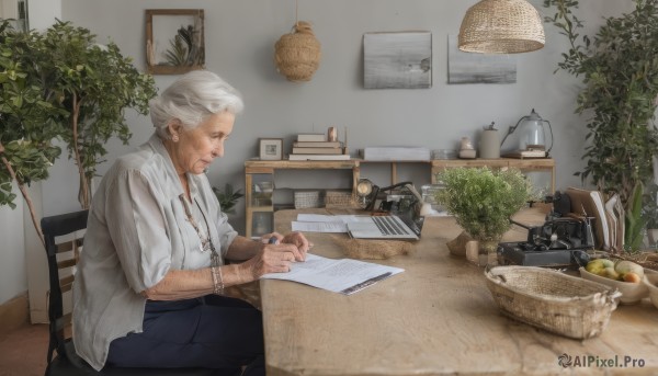 solo,shirt,1boy,holding,jewelry,sitting,closed mouth,white shirt,white hair,grey hair,male focus,food,pants,indoors,necklace,bracelet,from side,cup,book,fruit,facial hair,chair,table,ring,plant,beard,watch,paper,realistic,camera,blue pants,basket,pen,wristwatch,potted plant,lamp,photo (object),old,old man,newspaper,old woman,desk lamp,wrinkled skin,1girl,short hair,glasses,tattoo,profile,jar