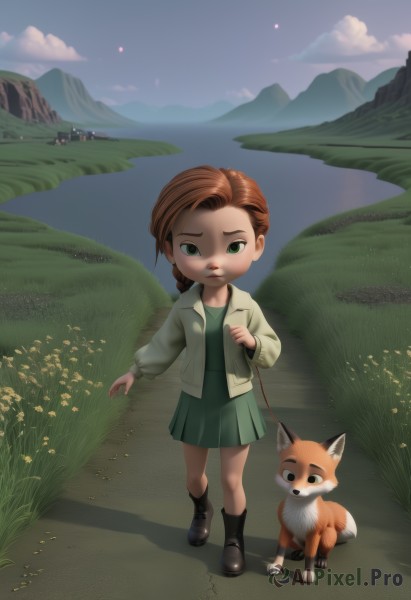 1girl,solo,long hair,looking at viewer,skirt,brown hair,dress,green eyes,jacket,braid,flower,boots,outdoors,sky,day,cloud,collar,single braid,shadow,animal,grass,aged down,child,walking,dog,mountain,leash,female child,road,field,fox,path,holding leash,long sleeves,full body,signature,lips,night,cloudy sky,green skirt,green dress