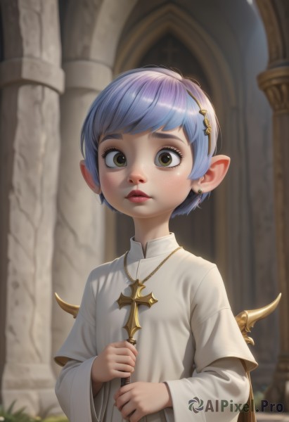 1girl,solo,looking at viewer,blush,short hair,bangs,hair ornament,long sleeves,dress,holding,brown eyes,jewelry,blue hair,yellow eyes,upper body,hairband,earrings,outdoors,parted lips,pointy ears,indoors,wide sleeves,necklace,white dress,blurry,lips,blurry background,cross,staff,freckles,robe,wide-eyed,pillar,green eyes,realistic,nose,cross necklace