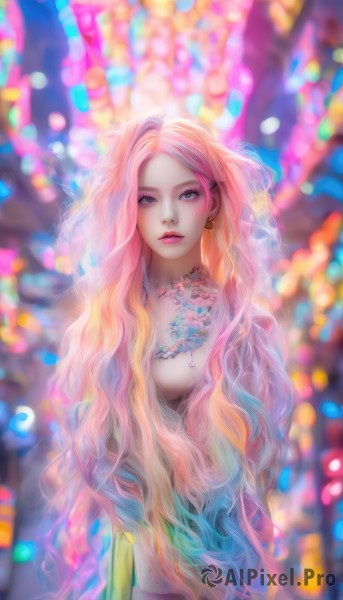 1girl,solo,long hair,breasts,looking at viewer,blue eyes,blonde hair,jewelry,very long hair,closed mouth,blue hair,upper body,pink hair,multicolored hair,earrings,artist name,necklace,blurry,lips,grey eyes,eyelashes,gradient hair,makeup,depth of field,blurry background,watermark,wavy hair,expressionless,lipstick,web address,eyeshadow,pink lips,nose,colorful,stained glass,rainbow hair,dress,cleavage,medium breasts,veil