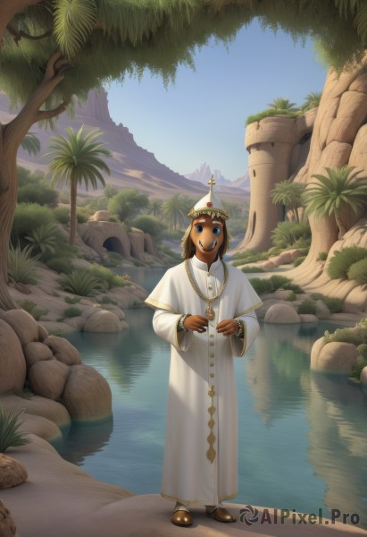 solo,looking at viewer,smile,blue eyes,brown hair,1boy,hat,jewelry,standing,full body,male focus,outdoors,sky,shoes,day,dark skin,water,necklace,bracelet,tree,brown footwear,crown,nature,scenery,reflection,robe,rock,palm tree,river,lake,white robe,1girl,short hair,open mouth,dark-skinned female,plant