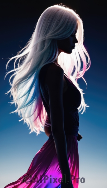 1girl,solo,long hair,breasts,skirt,shirt,medium breasts,standing,closed eyes,white hair,multicolored hair,cowboy shot,sleeveless,from side,gradient,black shirt,gradient background,sleeveless shirt,profile,colored skin,blue background,pink skirt,backlighting,purple skirt,long skirt,arms at sides,black skin,simple background,closed mouth,dark-skinned female,lips,black background,nose,sidelighting