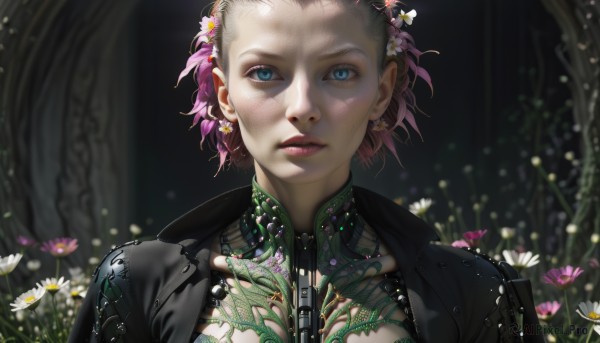 1girl,solo,looking at viewer,short hair,blue eyes,hair ornament,jewelry,jacket,upper body,pink hair,flower,multicolored hair,earrings,parted lips,hair flower,blurry,lips,black jacket,eyelashes,makeup,blurry background,white flower,portrait,nature,freckles,realistic,nose,weapon,artist name