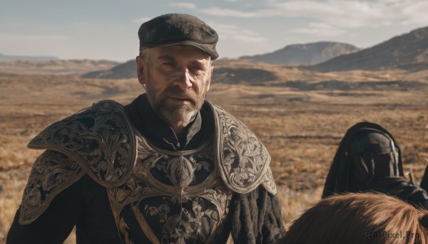 smile,short hair,brown hair,1boy,hat,closed mouth,closed eyes,upper body,male focus,outdoors,multiple boys,sky,solo focus,day,cloud,2boys,armor,blurry,black headwear,blurry background,facial hair,helmet,shoulder armor,facing viewer,beard,pauldrons,breastplate,mountain,old,horse,old man,ambiguous gender,chainmail,solo,looking at viewer,animal,beret,riding,soldier,desert,horseback riding