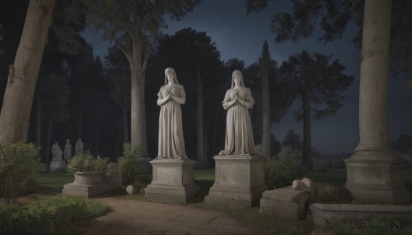 solo,outdoors,sky,tree,no humans,night,crossed arms,grass,nature,night sky,scenery,rock,bush,ruins,pillar,statue,tombstone,stone,graveyard,column,stone lantern,day,plant,forest