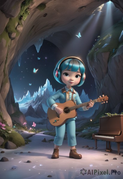 1girl,solo,looking at viewer,smile,short hair,bangs,shirt,long sleeves,blue hair,standing,full body,flower,outdoors,sky,shoes,pants,artist name,blunt bangs,black eyes,tree,night,headphones,brown footwear,grass,bug,butterfly,instrument,child,star (sky),nature,forest,starry sky,light rays,rock,music,blue pants,guitar,playing instrument,ice,mountain,female child