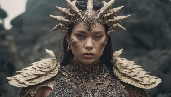 1girl,solo,long hair,looking at viewer,blue eyes,black hair,jewelry,closed mouth,upper body,earrings,dark skin,armor,blurry,black eyes,dark-skinned female,lips,blurry background,facial mark,shoulder armor,portrait,smoke,pauldrons,realistic,fantasy,brown eyes,makeup,crown,headdress