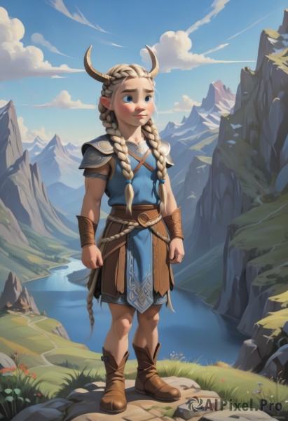 1girl,solo,long hair,blue eyes,blonde hair,twintails,standing,full body,braid,flower,boots,outdoors,horns,sky,day,pointy ears,belt,cloud,water,armor,twin braids,flat chest,blue sky,lips,brown footwear,grass,child,hair over shoulder,clenched hands,rock,mountain,fantasy,female child,bracer,mountainous horizon,cliff,ahoge,realistic,nose