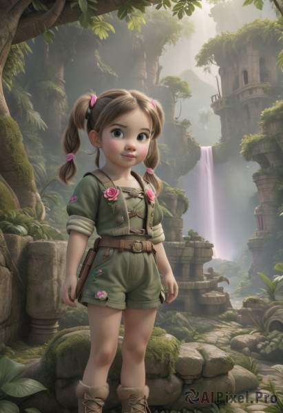 1girl,solo,long hair,looking at viewer,smile,brown hair,hair ornament,twintails,brown eyes,standing,full body,flower,short sleeves,boots,outdoors,parted lips,shorts,day,belt,water,black eyes,tree,lips,rose,brown footwear,sunlight,child,nature,sleeves rolled up,cross-laced footwear,forest,pouch,rock,fantasy,female child,overalls,ruins,green shorts,waterfall,moss,blush,shirt,scenery,green shirt,badge