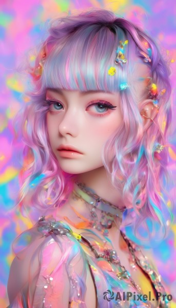 1girl,solo,long hair,looking at viewer,short hair,bangs,blue eyes,hair ornament,jewelry,closed mouth,upper body,pink hair,braid,multicolored hair,artist name,blunt bangs,necklace,mole,from side,lips,eyelashes,makeup,expressionless,piercing,gem,portrait,eyeshadow,pink lips,realistic,nose,eyeliner,colorful,mascara,blue hair,purple hair,choker,ear piercing,freckles