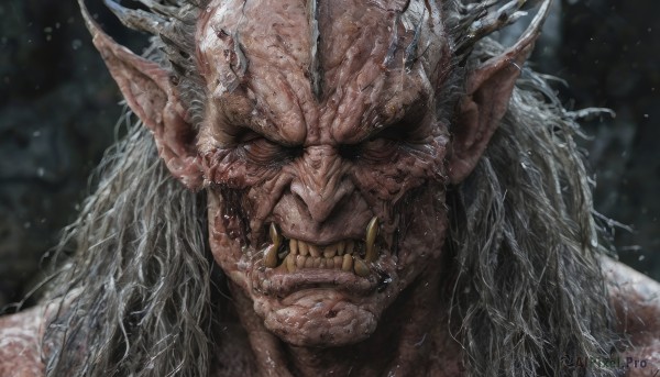 solo,long hair,looking at viewer,1boy,male focus,horns,teeth,pointy ears,blurry,blurry background,fangs,scar,sharp teeth,clenched teeth,portrait,realistic,tusks,grey hair,blood,angry,close-up,veins,oni