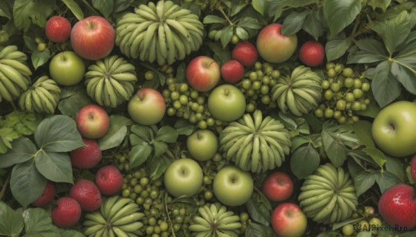 food,signature,no humans,fruit,leaf,plant,scenery,realistic,apple,green theme,grapes,food focus,still life,outdoors,day,from above,tomato