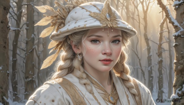 1girl,solo,long hair,looking at viewer,blonde hair,hat,jewelry,upper body,braid,earrings,outdoors,parted lips,teeth,necklace,twin braids,tree,lips,grey eyes,white headwear,helmet,feathers,gem,portrait,nature,snow,forest,freckles,snowing,realistic,nose,hat feather,winter,bare tree,hair ornament,brown eyes,sunlight,red lips,multiple braids