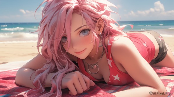 1girl,solo,long hair,breasts,looking at viewer,blush,smile,bangs,blue eyes,shirt,cleavage,hair between eyes,bare shoulders,jewelry,medium breasts,closed mouth,collarbone,pink hair,heart,earrings,small breasts,outdoors,lying,sky,shorts,sleeveless,choker,day,cloud,water,necklace,star (symbol),blurry,blue sky,lips,grey eyes,bare arms,short shorts,dutch angle,eyelashes,sleeveless shirt,makeup,depth of field,blurry background,ocean,beach,black shorts,tank top,on stomach,towel,red shirt,pink lips,sand,blanket,horizon,star print,downblouse,beach towel,ass