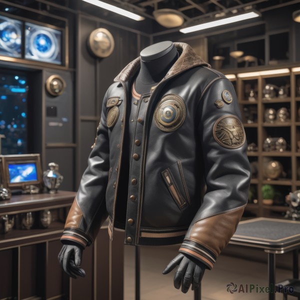 solo,gloves,long sleeves,1boy,standing,jacket,upper body,male focus,black gloves,indoors,hood,blurry,coat,black jacket,no humans,buttons,table,robot,1other,science fiction,leather,leather jacket,humanoid robot,blurry background,realistic,monitor,shelf,alien