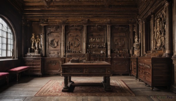 day,indoors,book,no humans,window,chair,table,sunlight,bottle,scenery,wooden floor,door,candle,shelf,carpet,barrel,candlestand,rug,chandelier,fireplace,desk,clock,tile floor,stool,vase,statue,painting (object),drawer,cabinet,treasure chest,chest of drawers