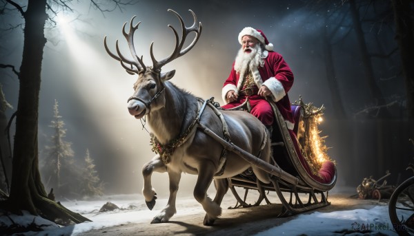 HQ,solo,1boy,hat,sitting,weapon,white hair,male focus,outdoors,pants,tree,fur trim,bell,night,facial hair,animal,fire,nature,christmas,beard,snow,santa hat,forest,santa costume,snowing,mustache,riding,antlers,old,red pants,old man,bare tree,deer,reindeer,reins,saddle,open mouth,long sleeves,jacket,chain,ground vehicle,red headwear,light rays,realistic,sack,reindeer antlers