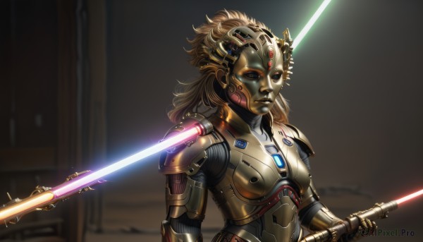 1girl,solo,long hair,looking at viewer,blue eyes,blonde hair,brown hair,holding,upper body,weapon,sword,holding weapon,armor,mask,glowing,holding sword,robot,science fiction,cyborg,alien,power armor,glowing weapon,energy sword,glowing sword,lightsaber,lips,no humans,parody,realistic