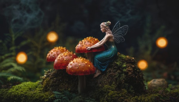 1girl,solo,blonde hair,hair ornament,dress,bare shoulders,jewelry,sitting,flower,white hair,outdoors,wings,barefoot,pointy ears,hair flower,hair bun,blurry,from side,tree,strapless,profile,night,depth of field,blurry background,blue dress,single hair bun,nature,strapless dress,forest,minigirl,fairy wings,fairy,mushroom,skirt,closed eyes,braid,food,long skirt,rock,tree stump