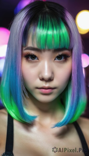 1girl,solo,breasts,looking at viewer,short hair,bangs,blue eyes,cleavage,bare shoulders,closed mouth,green eyes,blue hair,upper body,multicolored hair,green hair,artist name,blunt bangs,bra,blurry,black eyes,two-tone hair,lips,eyelashes,aqua hair,gradient hair,makeup,watermark,portrait,web address,eyeshadow,realistic,nose,mascara,black hair,underwear,purple hair,shiny,medium hair,shiny hair,streaked hair,blurry background,bob cut,black bra