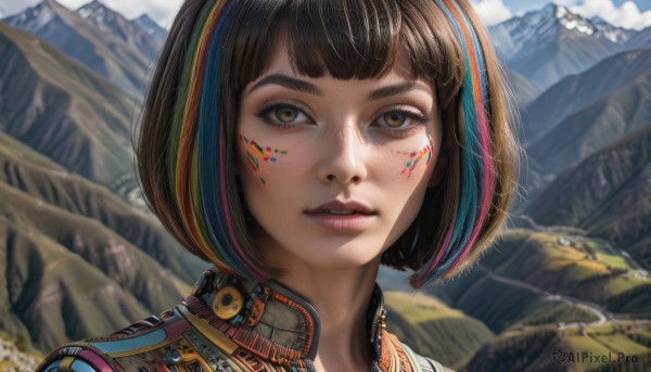 1girl,solo,looking at viewer,short hair,bangs,brown hair,brown eyes,blue hair,multicolored hair,outdoors,parted lips,teeth,day,blunt bangs,blurry,lips,streaked hair,eyelashes,makeup,blurry background,facial mark,bob cut,portrait,freckles,science fiction,mountain,realistic,nose,red lips,facepaint,black hair,sky,close-up,zipper