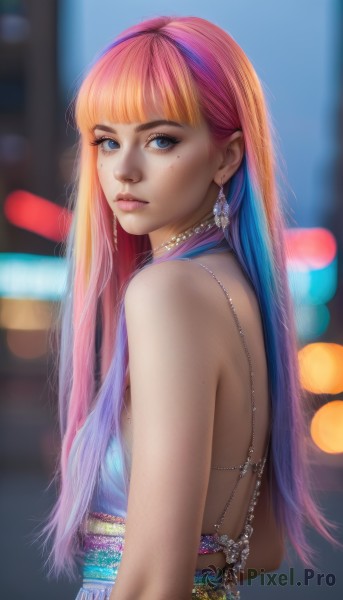 1girl,solo,long hair,breasts,looking at viewer,bangs,blue eyes,dress,bare shoulders,jewelry,upper body,pink hair,multicolored hair,hairband,earrings,parted lips,blunt bangs,necklace,mole,blurry,from side,two-tone hair,lips,sash,mole under eye,gradient hair,makeup,blurry background,blue dress,freckles,realistic,nose,closed mouth,blue hair,purple hair,sleeveless,artist name,looking to the side,eyelashes,depth of field,watermark,lipstick,gem,web address,pink lips,bokeh,mascara