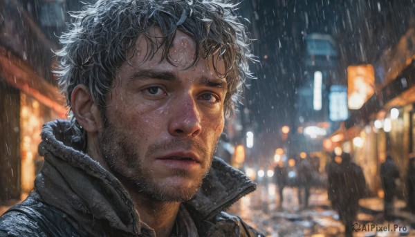 solo,short hair,black hair,1boy,jacket,upper body,male focus,outdoors,parted lips,blurry,black eyes,wet,night,depth of field,blurry background,facial hair,portrait,beard,rain,city,realistic,stubble,wet hair,looking at viewer,closed mouth,lips,messy hair,high collar,water drop,city lights