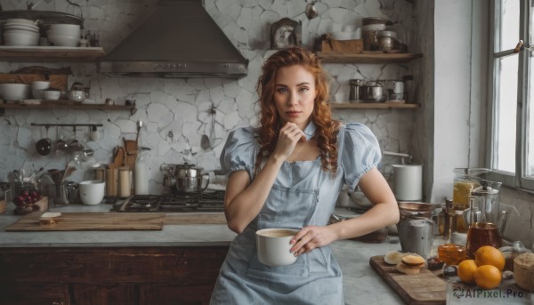 1girl,solo,long hair,looking at viewer,blue eyes,brown hair,dress,holding,brown eyes,braid,short sleeves,food,puffy sleeves,indoors,white dress,apron,cup,puffy short sleeves,lips,window,detached collar,fruit,steam,holding cup,plate,curly hair,mug,realistic,basket,hand on own chin,wall,bread,coffee,cooking,orange (fruit),kitchen,coffee mug,jar,sink,kettle,stove,cutting board,sitting,day,artist name,nail polish,twin braids,bowl,spoon,spatula