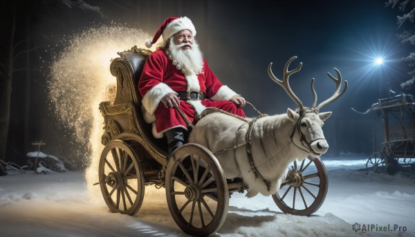 HQ,solo,1boy,hat,sitting,white hair,male focus,boots,outdoors,belt,tree,fur trim,night,facial hair,christmas,beard,snow,santa hat,santa costume,mustache,riding,antlers,old,old man,wheelchair,reindeer,reins,ground vehicle,sack,manly