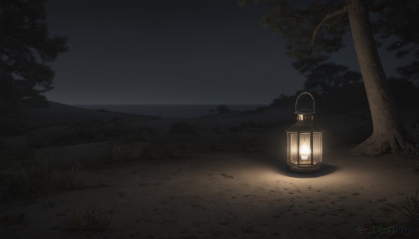 outdoors,sky,tree,no humans,night,glowing,grass,star (sky),nature,night sky,scenery,forest,lantern,light,road,dark,path,shadow,sand,lamp