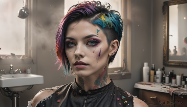 1girl,solo,looking at viewer,short hair,bangs,blue eyes,shirt,black hair,hair ornament,bare shoulders,jewelry,closed mouth,blue hair,pink hair,multicolored hair,earrings,parted lips,artist name,indoors,two-tone hair,lips,torn clothes,black shirt,blood,tattoo,makeup,piercing,lipstick,ear piercing,portrait,eyeshadow,freckles,reflection,asymmetrical hair,mirror,realistic,nose,asymmetrical bangs,red lips,arm tattoo,facepaint,undercut,mascara,neck tattoo,nose piercing,green eyes,upper body,purple hair,green hair,sleeveless,blurry,eyelashes,sleeveless shirt,watermark,bottle,messy hair,web address,eyeliner,facial tattoo,dirty,sink,dirty face,eyebrow piercing