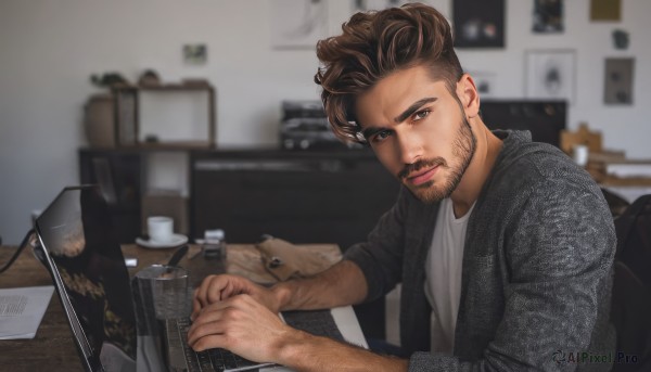 solo,looking at viewer,smile,short hair,brown hair,shirt,1boy,brown eyes,sitting,jacket,white shirt,upper body,male focus,indoors,blurry,cup,book,blurry background,facial hair,chair,table,beard,desk,realistic,mustache,lamp,computer,photo background,keyboard (computer),arm hair,animal,dog,mug,stubble,animification,undercut,monitor,coffee,coffee mug