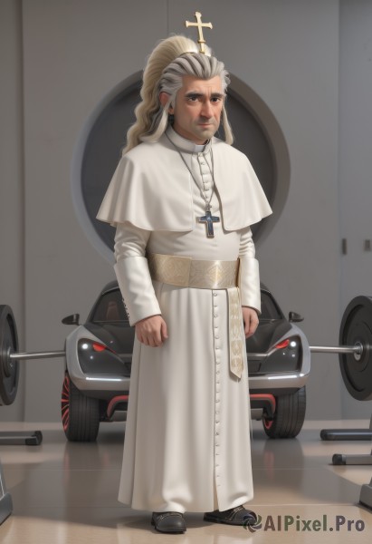 solo,long hair,looking at viewer,blonde hair,long sleeves,1boy,dress,brown eyes,jewelry,closed mouth,standing,full body,grey hair,male focus,earrings,shoes,indoors,necklace,black footwear,white dress,capelet,facial hair,parody,cross,ground vehicle,motor vehicle,robe,realistic,nose,cross necklace,white capelet,old,cross earrings,latin cross,wrinkled skin,1girl,holding,ponytail,white hair,artist name,white robe,priest