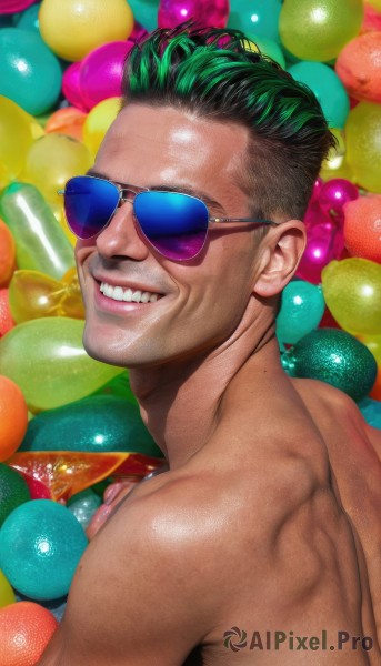 solo,looking at viewer,smile,black hair,1boy,upper body,male focus,multicolored hair,green hair,teeth,shiny,looking back,dark skin,grin,two-tone hair,muscular,sunglasses,dark-skinned male,topless male,realistic,balloon,short hair,nude,artist name,tinted eyewear