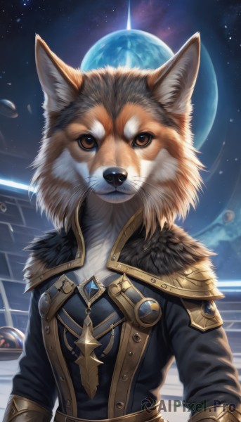 solo,looking at viewer,long sleeves,1boy,animal ears,brown eyes,jewelry,upper body,male focus,outdoors,sky,belt,artist name,signature,armor,fur trim,no humans,night,animal,moon,gem,star (sky),night sky,furry,starry sky,dog,space,furry male,animal focus,planet,earth (planet),closed mouth,jacket,black jacket,animal ear fluff,military,watermark,fur collar,fantasy,white fur,shiba inu