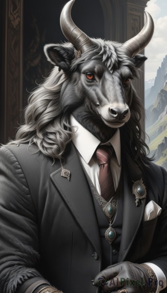 solo,long hair,looking at viewer,shirt,red eyes,gloves,long sleeves,1boy,animal ears,jewelry,white shirt,upper body,white hair,male focus,earrings,necktie,horns,sky,day,black gloves,striped,collared shirt,cloud,necklace,vest,formal,ring,suit,red necktie,brooch,gem,furry,watch,black vest,mountain,furry male,striped necktie,goat horns,waistcoat,jacket,outdoors,black jacket,animal,piercing,sheep,goat